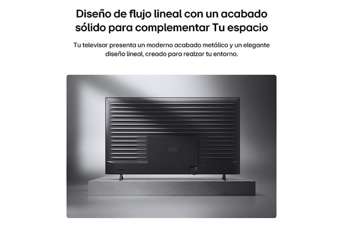 LG QNED AI QNED74 Mini LED is shown from the back, revealing a metallic rear panel with evenly spaced horizontal ridges that create a clean, structured look and emphasize the Linear Flow Design across the entire surface.